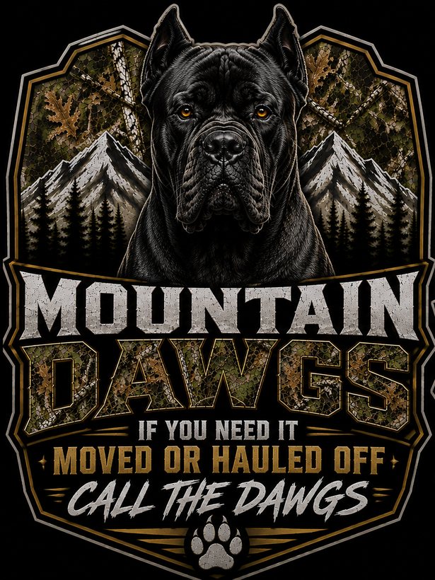 Mountain Dawgs Cane Corso mascot badge with the slogan: if you need it moved or hauled off, call the Dawgs