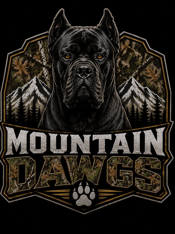 Mountain Dawgs Cane Corso logo badge with mountains and woodland camo